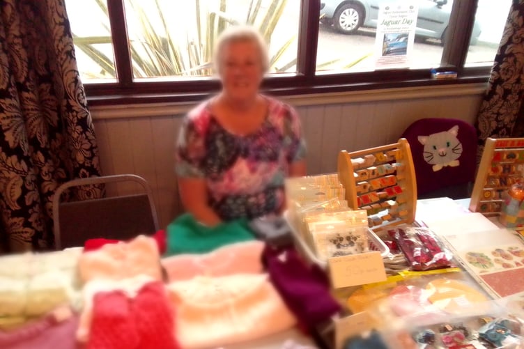 Margaret Simmonds with her knitted items who shared her stand with her author husband Mark