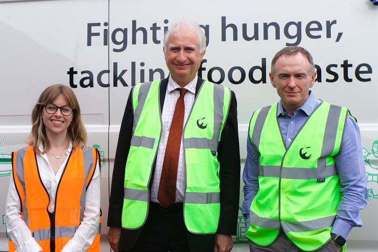 FareShare South West CEO Lucy Bearn, Daniel Zeichner MP, FareShare UK CEO George Wright; Daniel Zeichner MP and George Wright