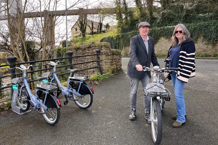 Saltash Town councillor Richard Bickford trialing the Beryl Bikes in Saltash.