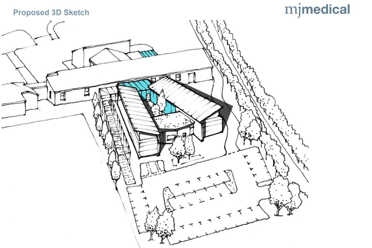 A SKETCH of the proposed extension at Callington Health Centre, with the new wings and new car park to be created at the rear of the existing building on an adjacent field