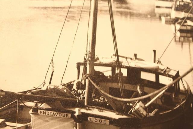 Endeavour FY 369 alongside Looe quay; Michael Soady crewed for his father after leaving the army.