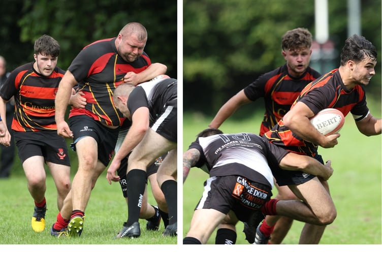 Left: Liskeard-Looe Mike Prowse makes a big hit, while right: winger Alex Kendall looks to break through a tackle. Pictures: Glen Rogers