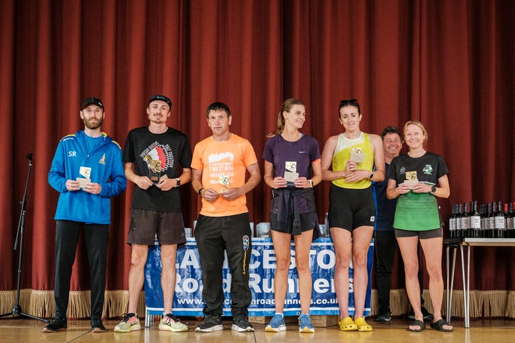 The top three finishers in the men's and ladies' events at the Treggy 7 road race on Sunday, September 1. From left: Steve Reynolds (second), Tom Morton (first), Jim Cole (third), Katie Knowles (first), Tamara Beach (second) and Emma Paull (third). Picture: Will Harper-Penrose