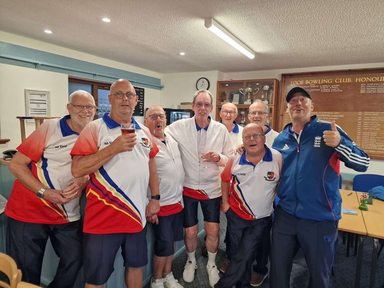 Looe's East Cornwall Bowls League title winning squad. From left: Geoff Highton, Bob Harris, David Medlen, Bob Pacey, Ron Rowley, Martin Watts, Mike Medlen and Steve Farnden. Missing from picture: Micky Hopkins, Brian Smith, Neil Smith and Martin Galloway. Picture: Looe Bowling Club