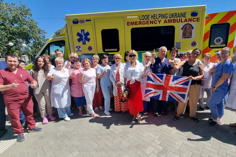 The ambulance was accepted as a gift to the Dobroslav settlement by the Mayor of Dobroslav, Luidmila Prokopechko, at their administrative HQ where we exchanged flags.