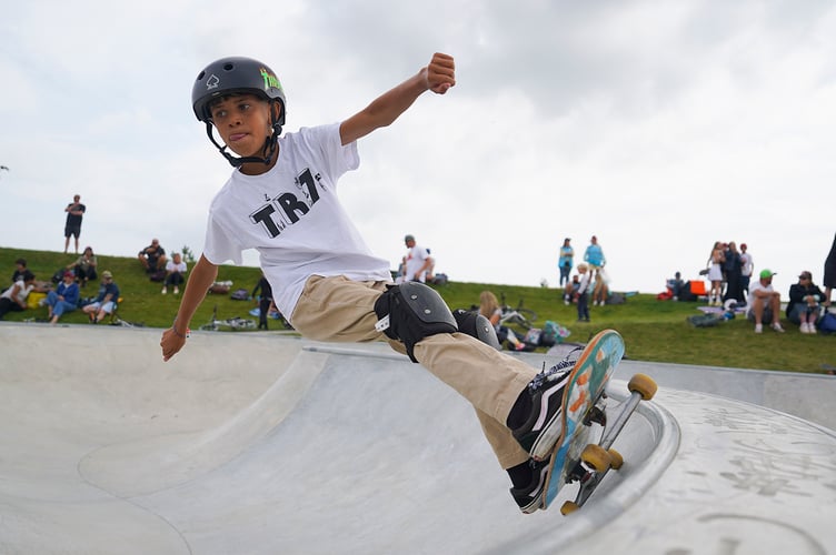 NANSLEDAN, NEWQUAY : AUGUST 31 2024 : Opening event run by Maverick at the new SLYNK skate park at Nansledan, photographed by Hugh Hastings for the Duchy of Cornwall.