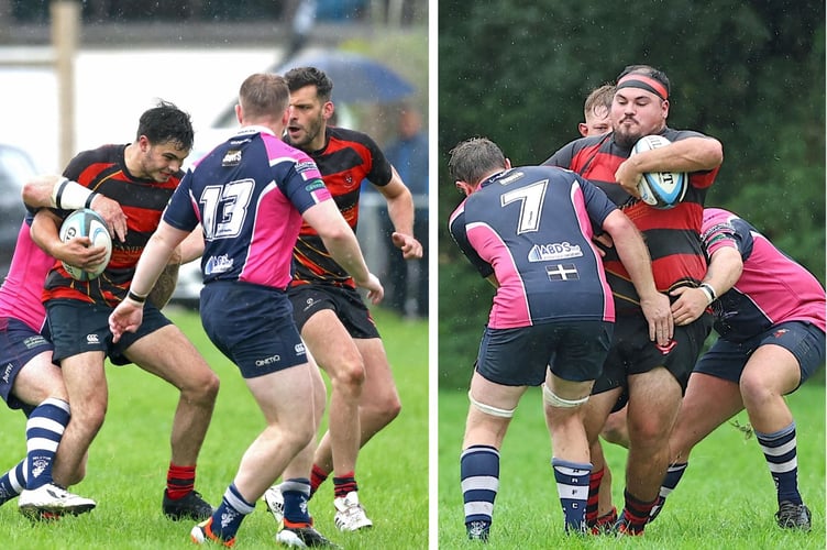 Liskeard-Looe duo Alex Kendall (left) and TJ Hicks (right) look to break through tackles. Pictures: Glen Rogers