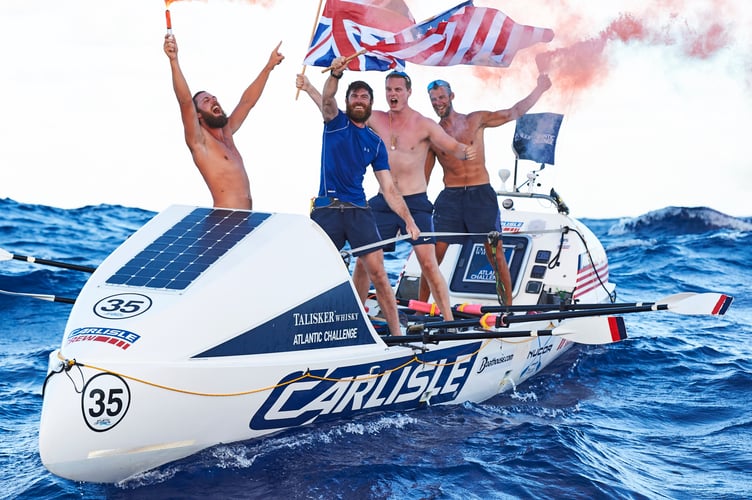 Latitude 35 win the Talisker Whisky Atlantic Challenge: L-R Angus Collins, Matt Brown, Alex Simpson and Jason Caldwell Square.