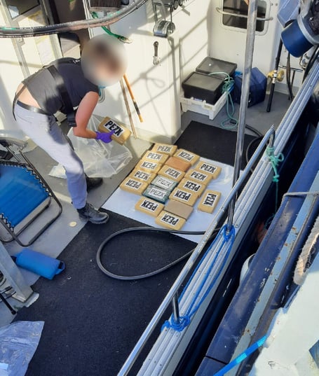Cocaine seized by the NCA. A fishing boat carrying one tonne of cocaine with an estimated street value of around £100,000,000 has been intercepted off the coast of Britain. The National Crime Agency (NCA) arrested four men after seizing the huge haul when a boat was stopped at sea off the coast of Newquay, Cornwall. Border Force officers intercepted the vessel on Friday afternoon (13/9) before uncovering the mammoth drugs stash. The four men on board were arrested on suspicion of importing class A drugs and taken to custody to be questioned by NCA investigators. 