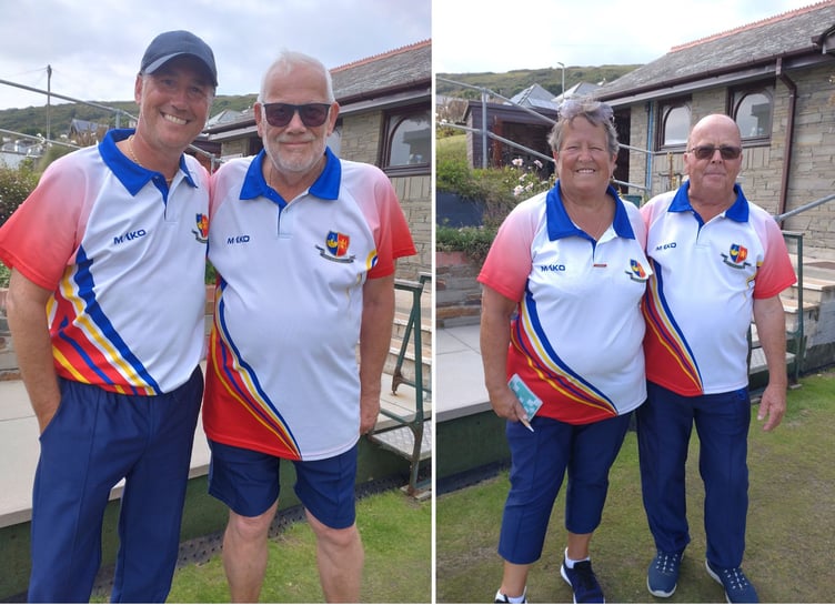 Steve Farnden (left), who won three titles in total, and Geoff Highton were the winners of the men's pairs, while right, Carole Dudley and Mike Medlen took the Mixed Pairs crown. Picture: Looe Bowling Club