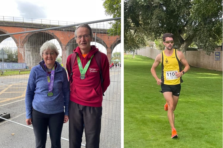 Jill and Richard Morton after completing their respective races at the Worcester Weekend Runs. Right: Ollie Oldfield in action for Cornwall at the Chippenham Half Marathon. Pictures: Tamar Trotters