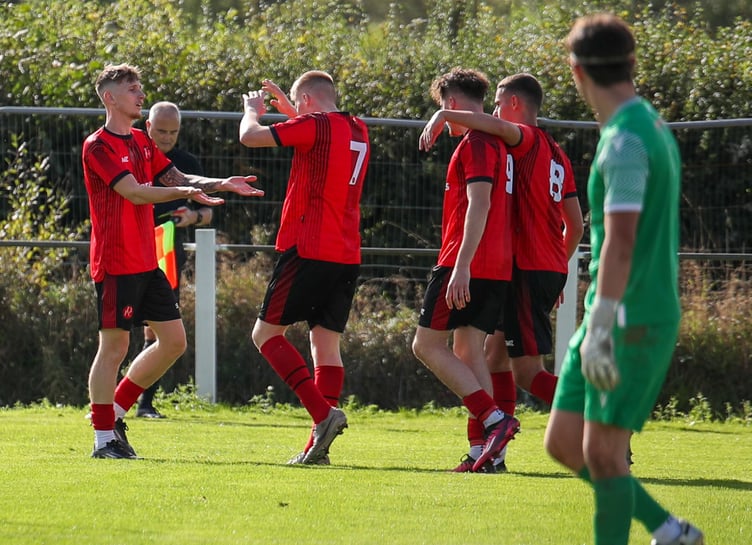 Dobwalls celebrate Charlie Castlehouse's goal against Sticker on Saturday at Lantoom Park. Picture: Colin Hilton