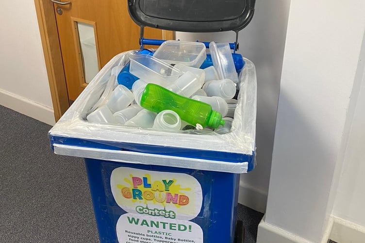 The bin for collecting all the plastic donations is available in the Brunel school reception during school drop off and pick up times. (Photo credit: Sistema)