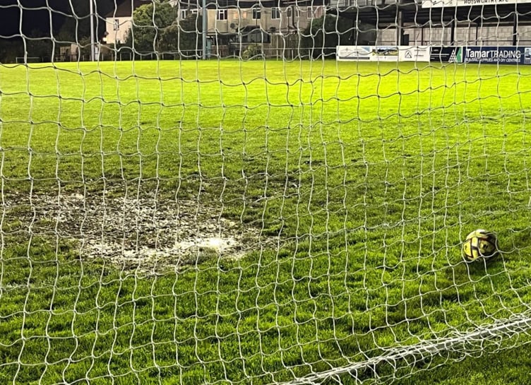 The goalmouth at the clubhouse side of the ground at Holsworthy on Wednesday night. Picture: Kevin Marriott