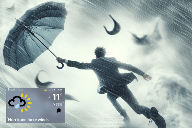 AI illustration of man in hurricane force winds after BBC predicted 17,000 mph winds