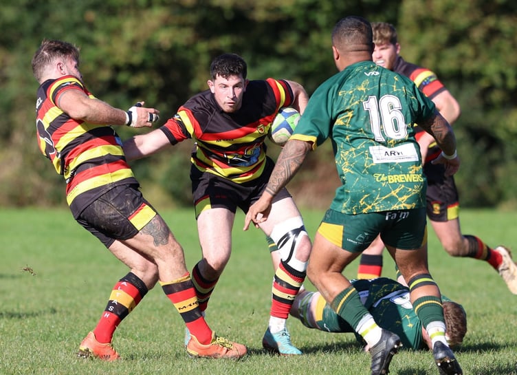 Saltash hooker Rob Walsh, who scored two tries on Saturday, runs at the Perranporth defence. Picture: Glen Rogers