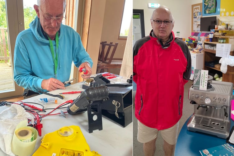 Mike Abraham of the Treverbyn Community Trust and Gary Vercoe with his repaired coffee machine.