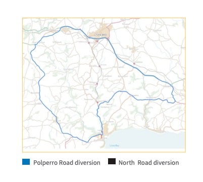 The new diversion route is in force from November 4 and will replace the North Road diversion for the retaining wall works there too. (Picture: Cornwall Council). 