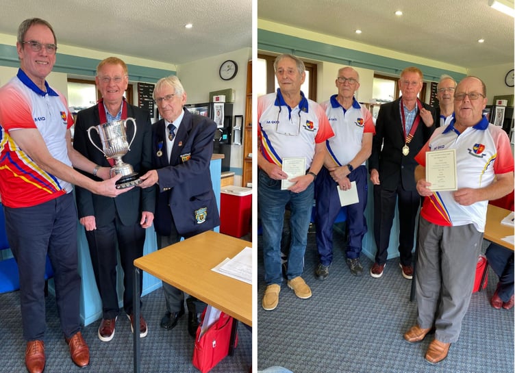 LEFT: Bob Pacey receiving the Burrows Cup from special guests Steve Grose (centre, ECBL president) and Roger Ellard (ECBL secretary). RIGHT: Looe's St Dennis Fours received their runners-up certificates from Mr Grose. From left: Brian Ilson, Ron Rowley, Martin Watts and Michael Medlen. Pictures: Looe Bowling Club