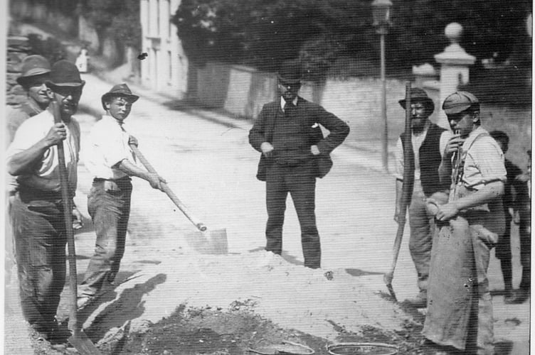 Road works on Dean Hill with Bosenvor behind, the image is undated - can any of our readers help?