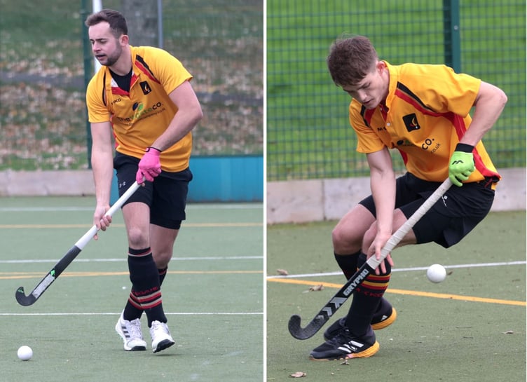 Nathan Jeffery (left) and two-goal hero Ben Hedley (right) in action for Caradon against Duchy at Lux Park on Saturday. Pictures: Glen Rogers