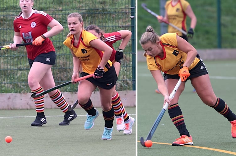 Caradon's Abbie Ingram (left) and Molly Walsh (right) drive forward in possession against Newquay on Saturday. Pictures: Glen Rogers