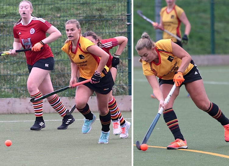 Caradon's Abbie Ingram (left) and Molly Walsh (right) drive forward in possession against Newquay on Saturday. Pictures: Glen Rogers