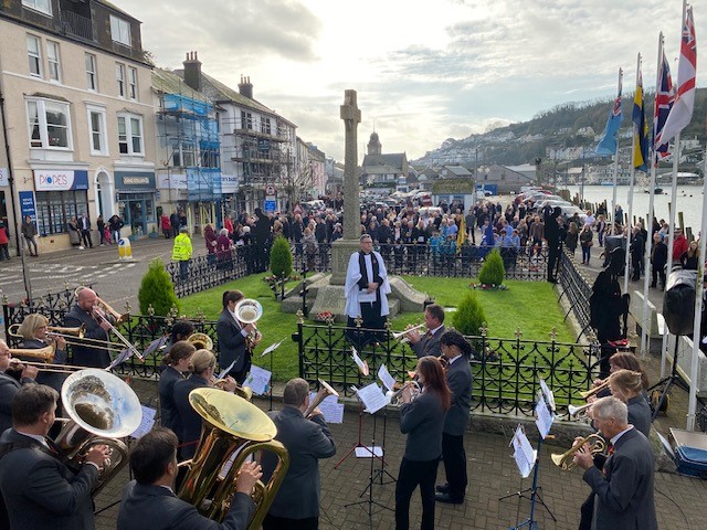Looe Town band at the town's war memorial as town's councillors and groups gather to remember those lost to the first and second world wars, and more recent campaigns. (Picture: LTC).
