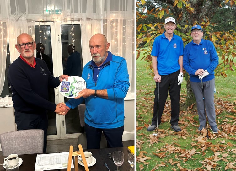 LEFT: Elfordleigh captain Roger Cox presents the winner's trophy to St Mellion's Nigel Coulson-Stevens. RIGHT: The winners of the 4BBB Knockout final, Andy Bryant and Alex Naismith. Pictures: St Mellion Golf Club