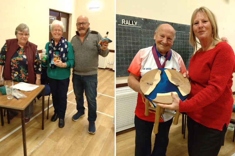 LEFT: Winners and Val Reilly and David Medlen with their trophies. RIGHT: Incoming Looe Bowling Club president Ray Dowell presents the table made by Martin Watts to charity draw winner, Sue Smith. Pictures: Looe Bowling Club