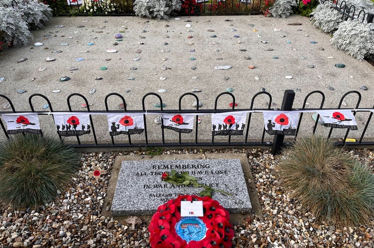The memorial peace garden in Saltash with one of the wreaths laid by Mayor Cllr Julia Peggs to mark Remembrance Sunday. (Picture: STC)