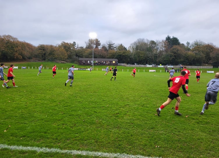 Action from Holsworthy's trip to Callington with the visitors in grey. Picture: Holsworthy AFC