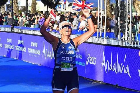 Linda crosses the finish line in Malaga; she races in the 70-74 age category and trains with Saltash based Tamar Trotters. (Picture: Linda Pollard)