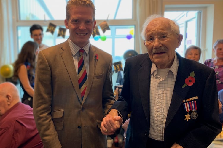 Major Merlin Hanbury-Tenison visited the centenarian on his Birthday with a card and gift on behalf of his regiment. (Picture: Sarah Martin)