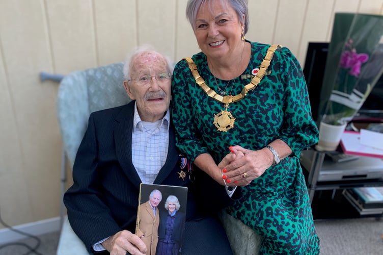 Saltash Mayor Cllr Julia Peggs visited John Noakes on his 100th Birthday at his Saltash home at Abbeyfield. (Picture: Sarah Martin)