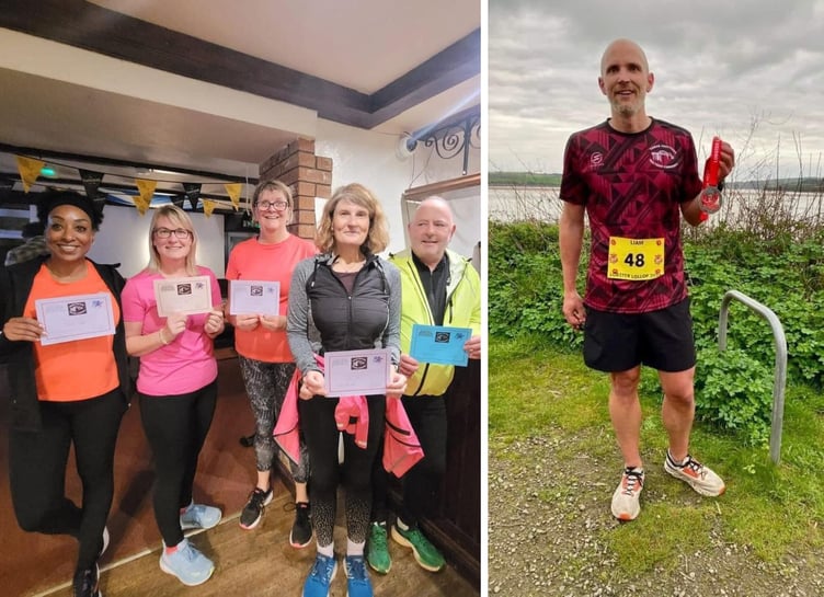 LEFT: Some of the Couch to 5K graduates at the Ploughboy Inn in Saltash. RIGHT: Liam Jonas after completing the Lobster Lollop race in a quickfire time of 43:52. Pictures: Tamar Trotters
