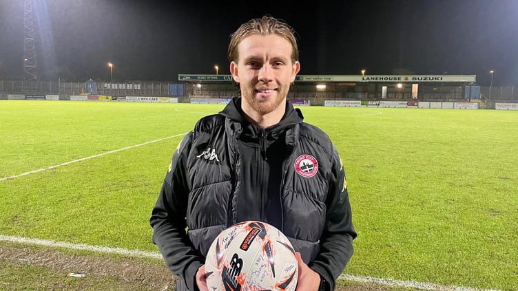 Tyler Harvey with the match ball after his hat-trick at Weymouth on Tuesday night. Picture: Truro City FC