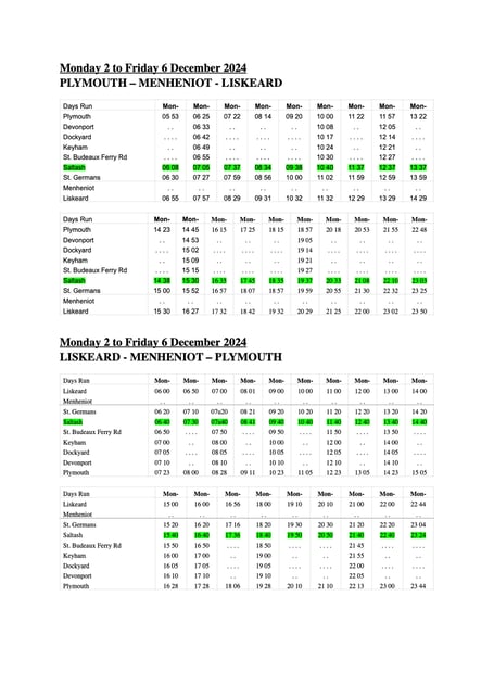 A timetable for the replacement buses (Plymouth - Liskeard) for the week December 2 to 6 has been released by GWR. Passengers are asked to check their journey planner on the day. (Picture: GWR)