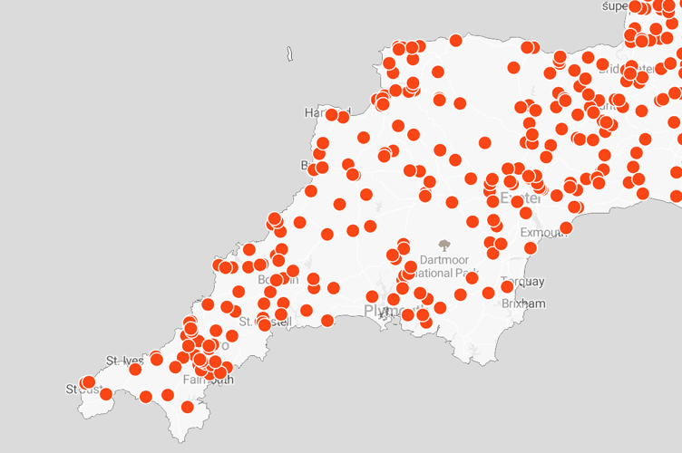 Properties across Cornwall remain without power following Storm Darragh. (Picture: National Grid/Mapbox/OpenStreetMap)