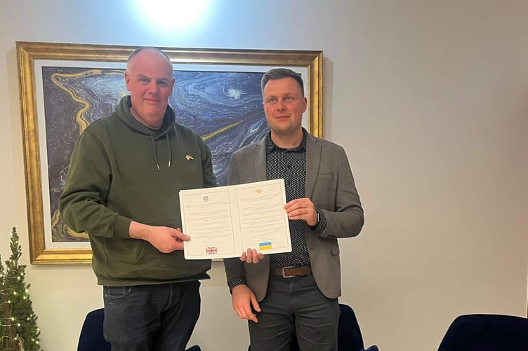 MAYOR of Kopychyntsi Bogdan Kelichavyi and then mayor of Liskeard Simon Cassidy signed the twinning agreement in December 2023