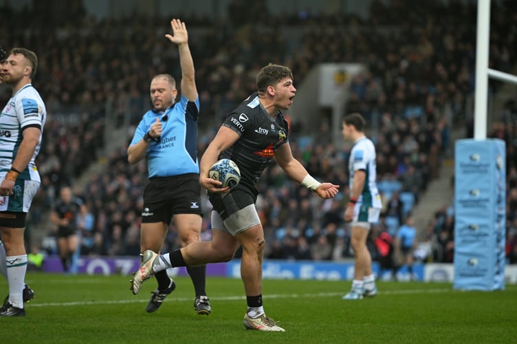 Exeter Chiefs hooker Dan Frost celebrates his side's opening try in their Premiership win over Gloucester