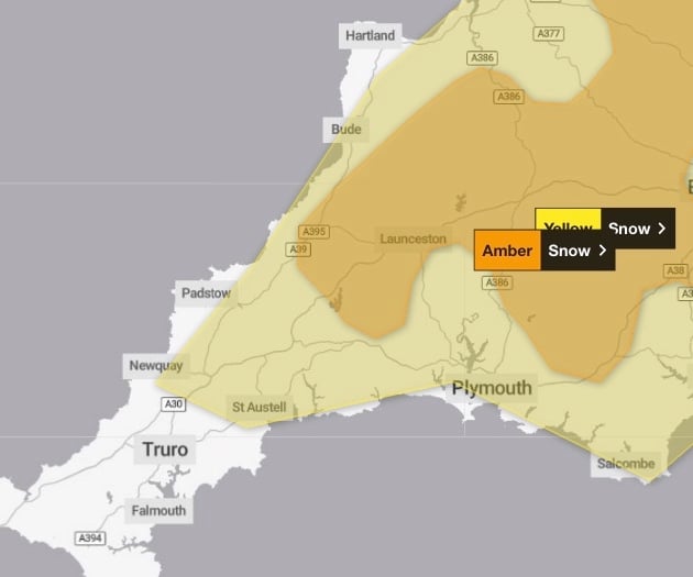 Yellow weather warning for Devon and Cornwall escalated to amber 