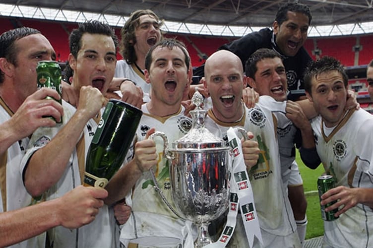 Truro City players celebrate their FA Vase victory over AFC Totton at Wembley Stadium in 2007