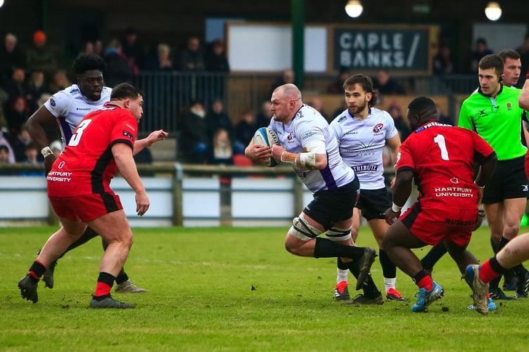 Cornish Pirates forward Alex Everett looks to find a way through the Hartpury defence during Saturday's Championship clash