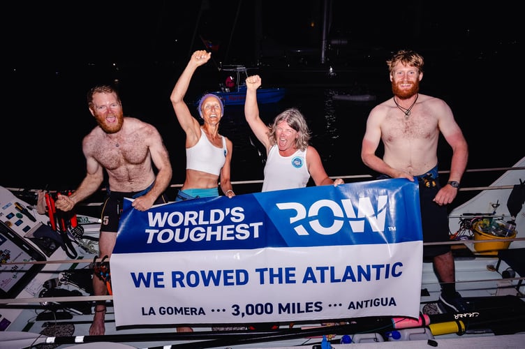 Looe Rowing Club's Harry Poulsen, Kim Tolfrey, Sally Crabb and Nathaniel Rothwell celebrating completing their 3,000 nautical mile journey in  40 days, 16 hours and 48 minutes. (Picture: World's Toughest Row) 