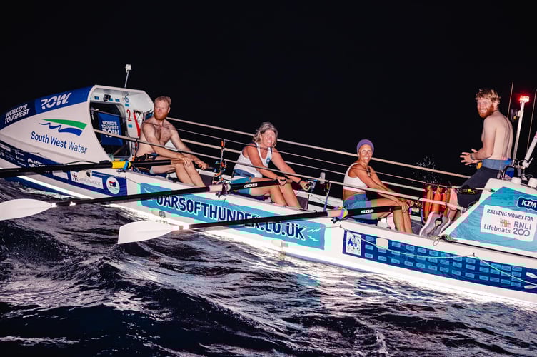 The Oars of Thunder team of four are all smiles as they row to the finish line in English Harbour, Antigua, finishing first in the Mixed Class and 6th in the fleet of 36. (Picture: World's Toughest Row) 
