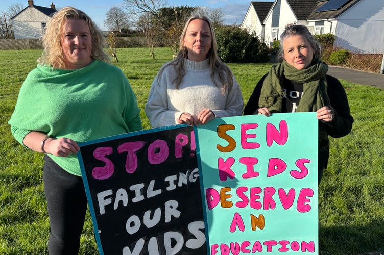Sarah Robertson, Jenna Tyack and Hayley Welsh instigated the SEND rally outside County Hall / Lys Kernow in Truro (Picture: Lee Trewhela / LDRS)