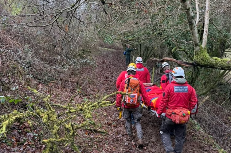 The East Cornwall Search and Rescue team packed the injured horse rider in a specialist stretcher and evacuated her out of steep and muddy terrain to a waiting ambulance. (Picture: East Cornwall Search and Rescue)