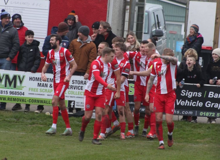 Newquay celebrate scoring against Liskeard Athletic on Saturday.