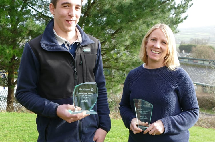 Duchy College students Jacob Frost and Imogen Ellis, winners of a Cornish Mutual young farmer higher education bursary
